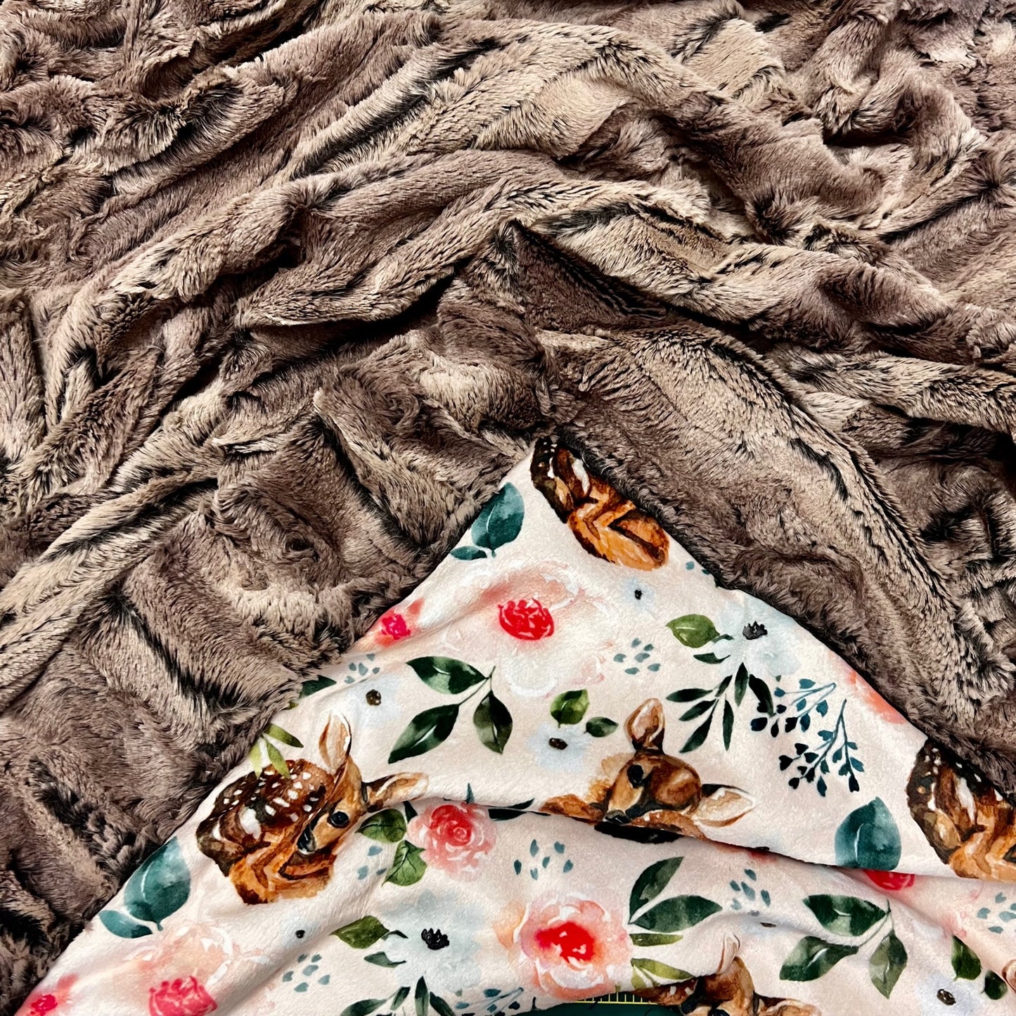 Deer Pink Flower Mountain Fox Pewter Beige Minky Baby Blanket - Woodland Design - 34x45