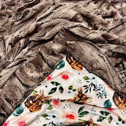 Deer Pink Flower Mountain Fox Pewter Beige Minky Baby Blanket - Woodland Design - 34x45