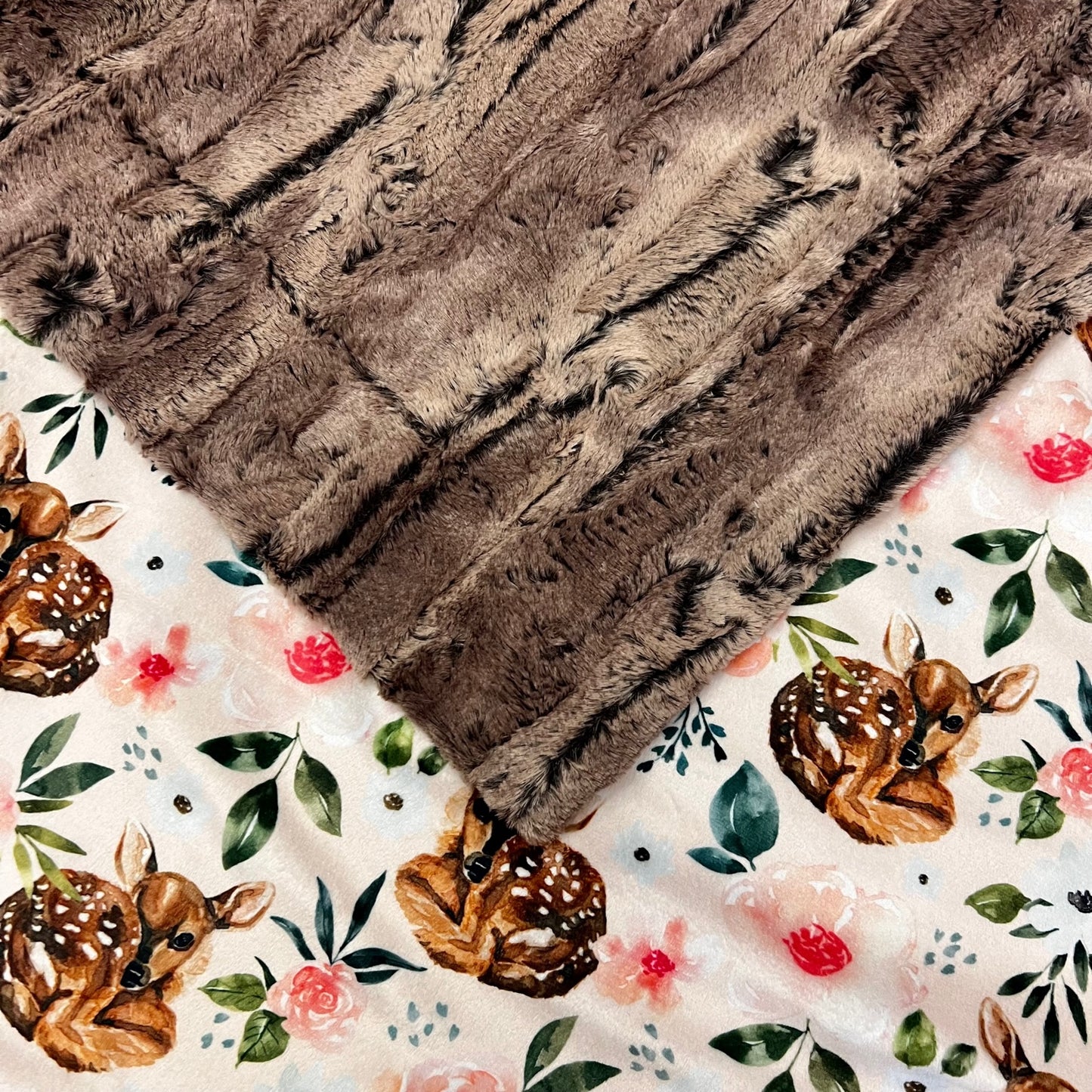 Deer Pink Flower Mountain Fox Pewter Beige Minky Baby Blanket - Nature-inspired Comfort - 34x45