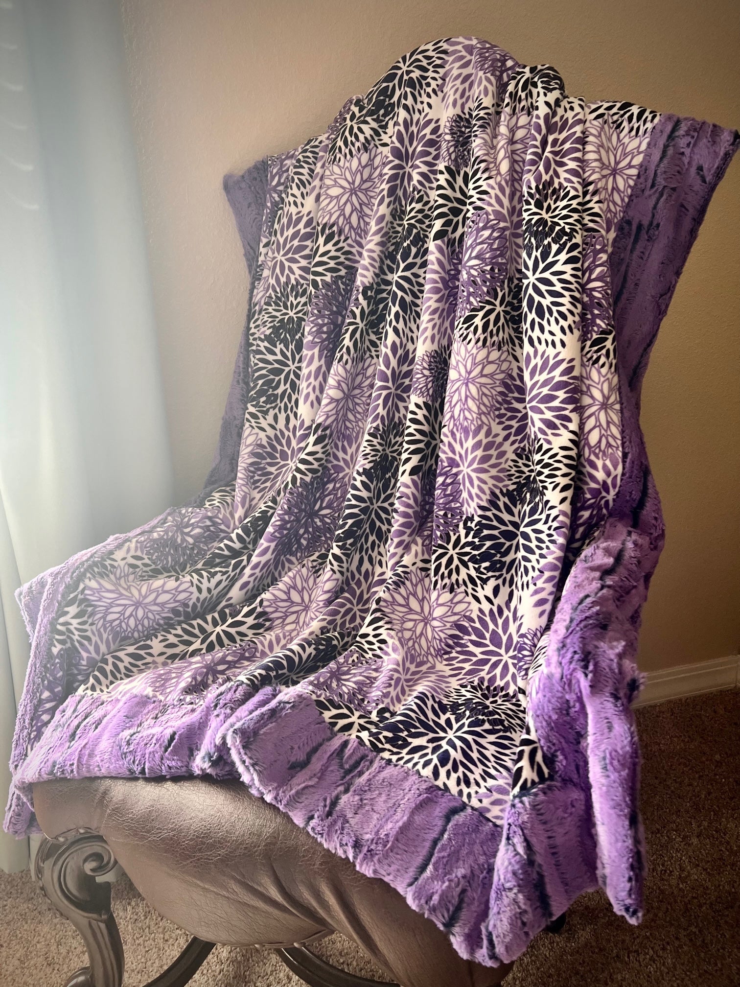 Blooms Indigo Purple Mums on Purple Forest Fox Minky Blanket - Soft and Cozy Texture - 54x73
