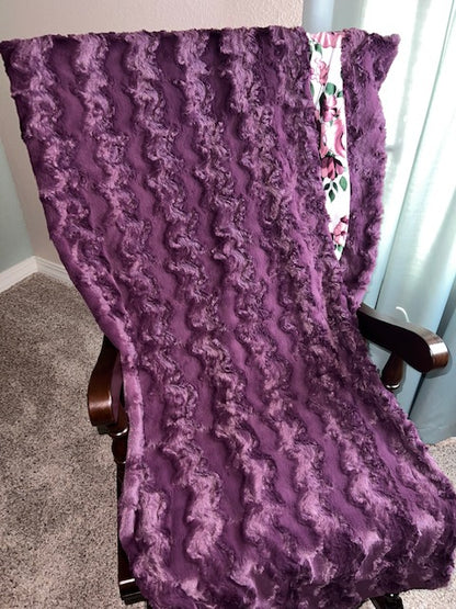 Rose Bouquet Plumwine on Glacier Plumwine Minky Blanket 54x65