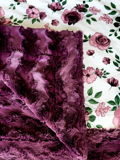 Rose Bouquet Plumwine on Glacier Plumwine Minky Blanket 54x65